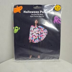Womens Halloween Poncho OSFM Tye-Dye with Bats Fringed